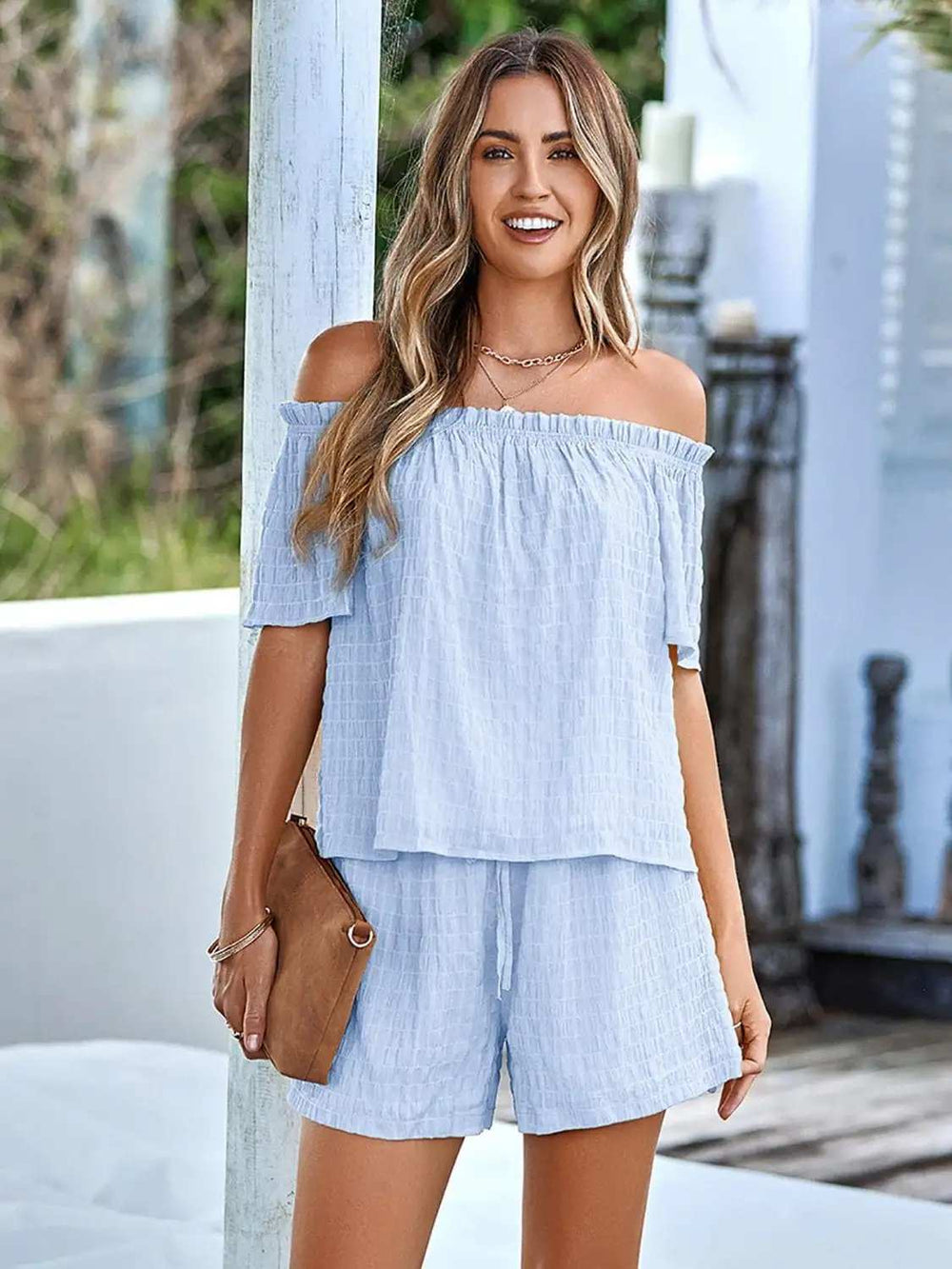 Full Size Off-Shoulder Short Sleeve Top and Tied Shorts Set - Trendsi - Flyclothing LLC