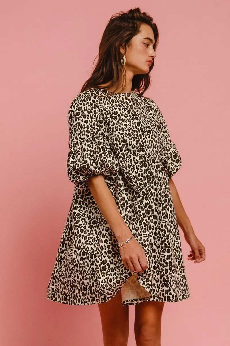 BiBi Leopard Denim Dress With Back Contrast Tie Detail - Trendsi - Flyclothing LLC