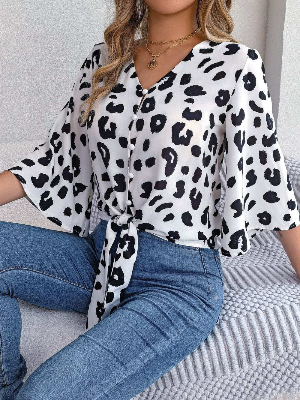 Tied Button Up Leopard V-Neck Blouse - Trendsi - Flyclothing LLC