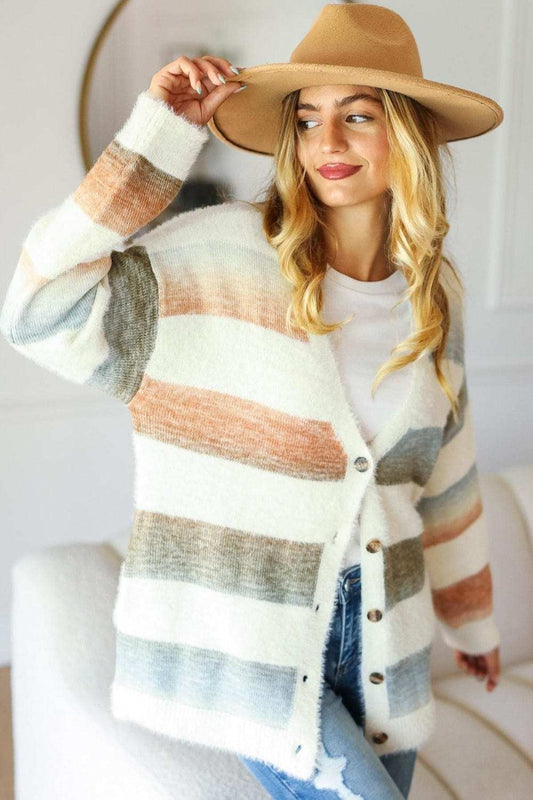 Haptics Full Size Button Down Stripe Soft Fuzzy Sweater Cardigan - Trendsi - Flyclothing LLC