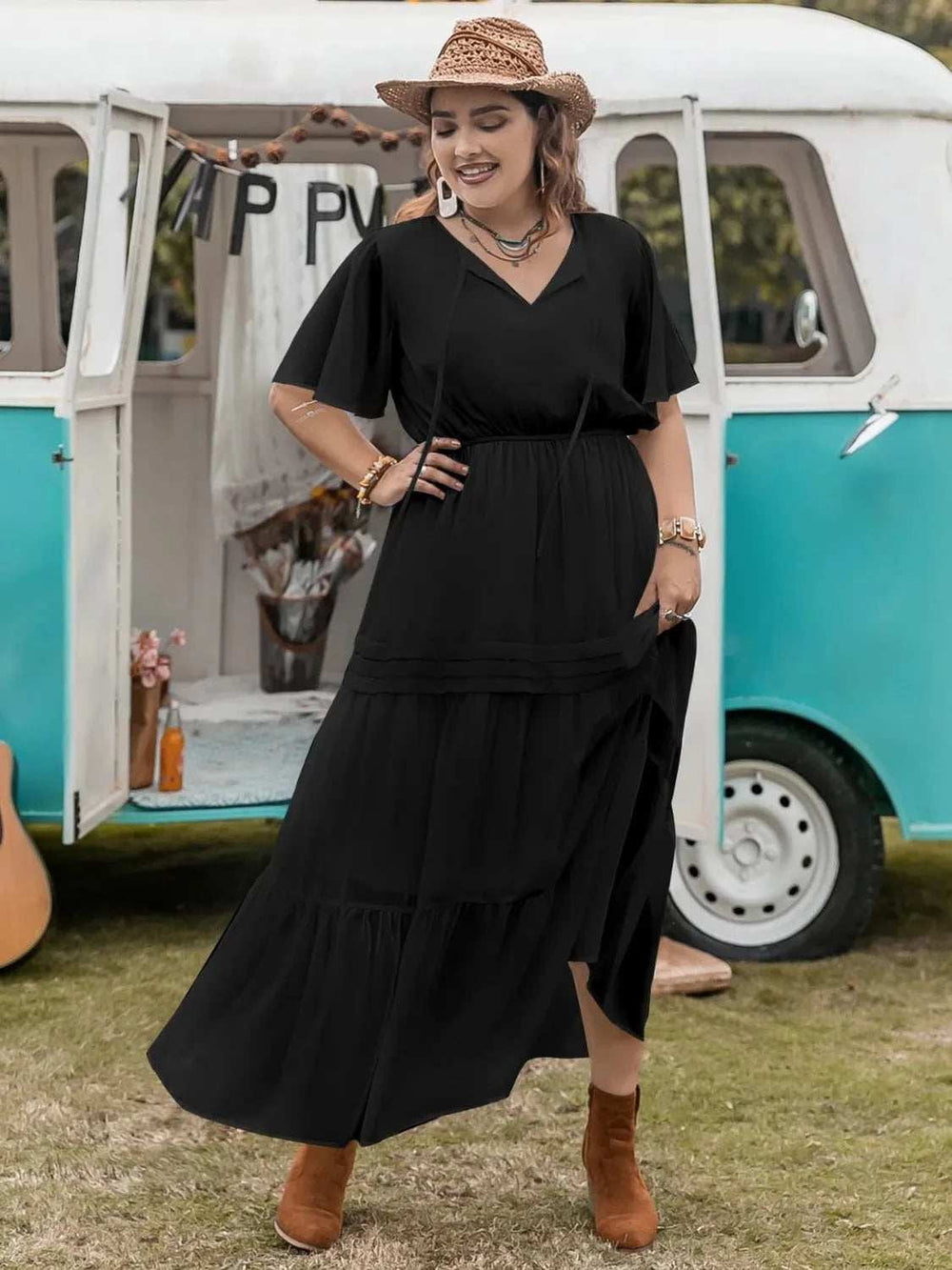 Plus Size Tie Neck Flutter Sleeve Dress - Trendsi - Flyclothing LLC