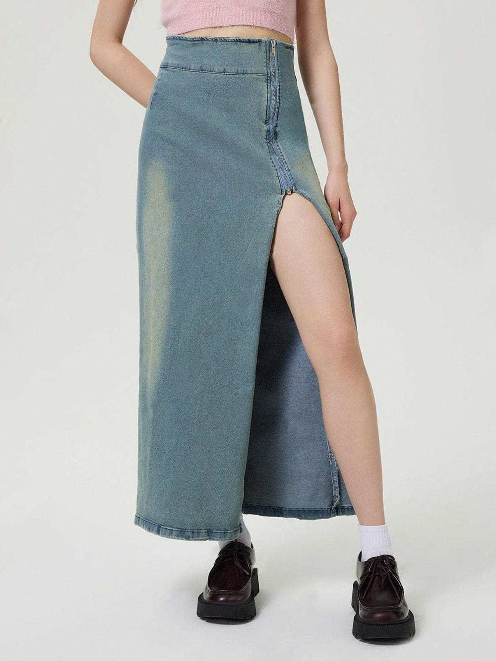 Slit Denim Skirt with Zip - Trendsi - Flyclothing LLC