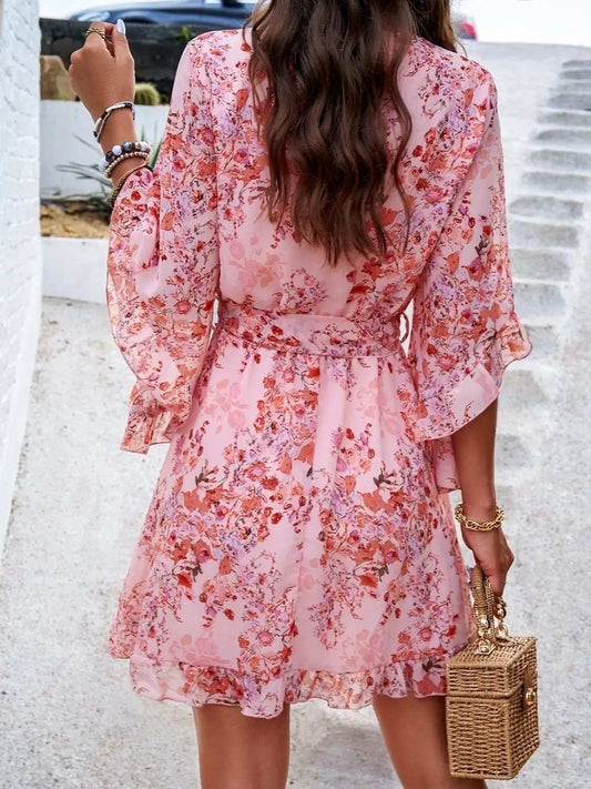 Ruffled Printed Surplice Half Sleeve Mini Dress - Trendsi - Flyclothing LLC