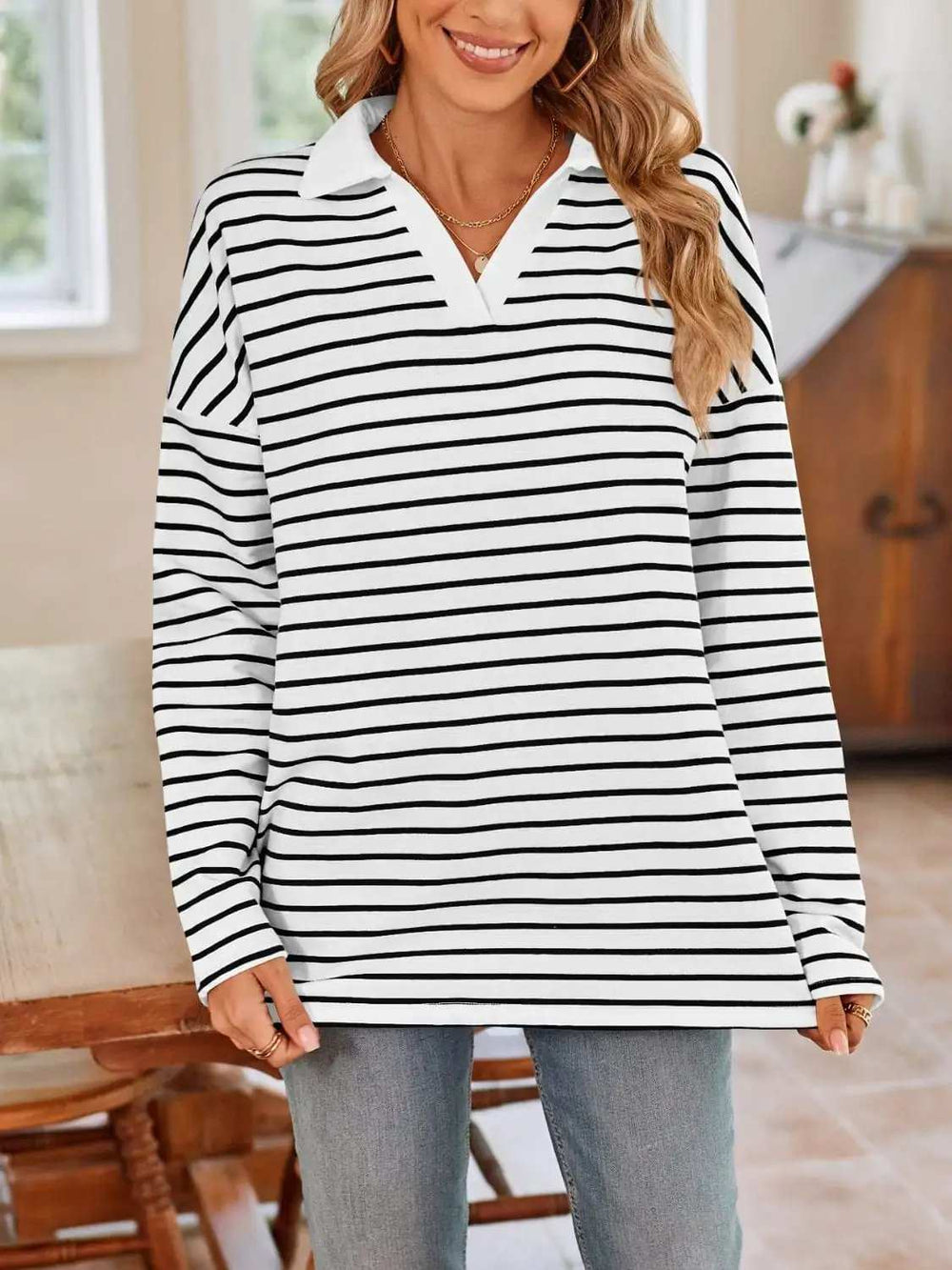 Striped Johnny Collar Long Sleeve T-Shirt - Trendsi - Flyclothing LLC