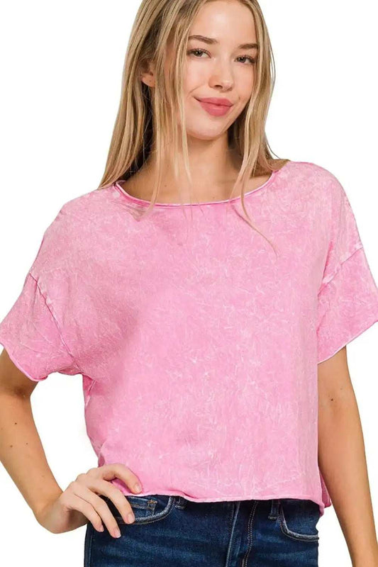 Zenana Washed Crew Neck Short Sleeve Crop Box Tee - Trendsi - Flyclothing LLC