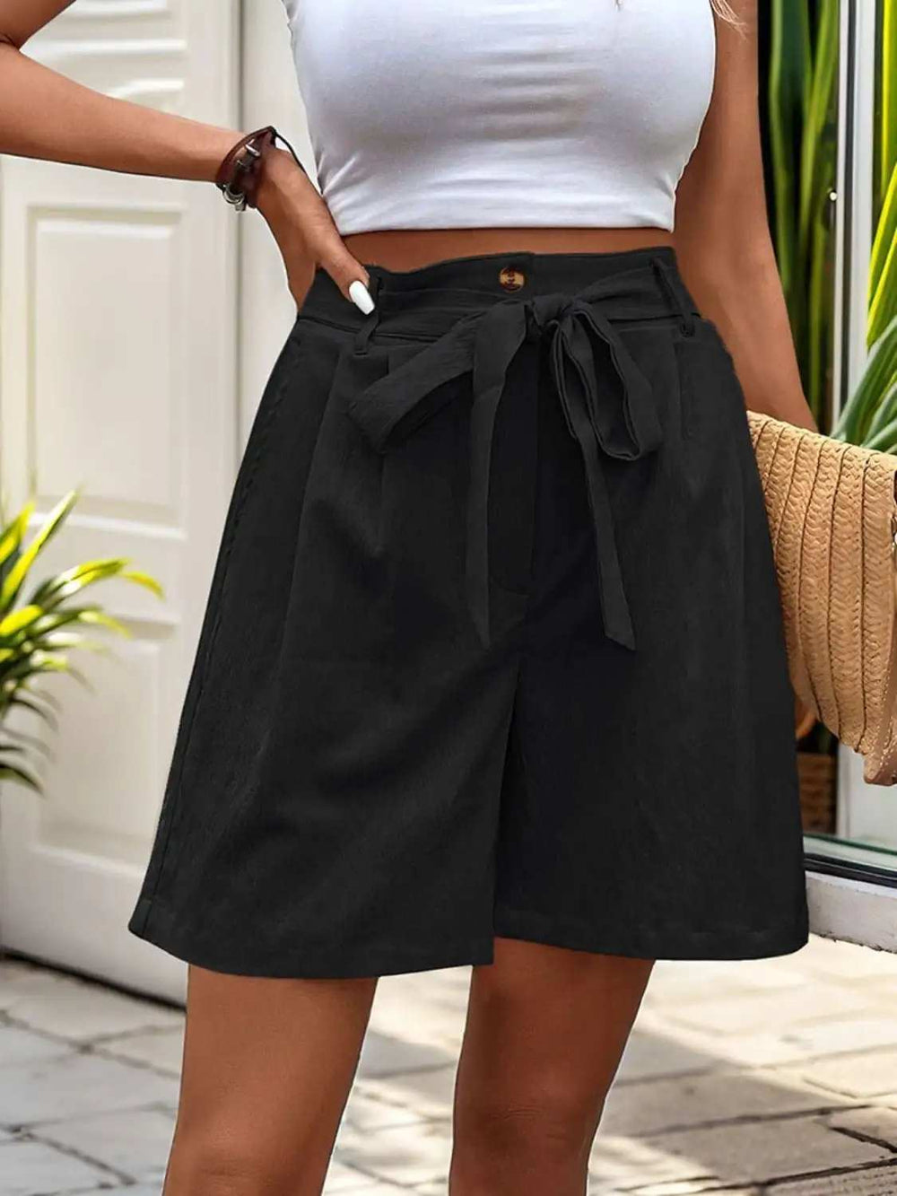 Tied High Waist Shorts with Pockets - Trendsi - Flyclothing LLC