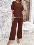 Contrast Trim Round Neck Top and Pants Set - Trendsi - Flyclothing LLC