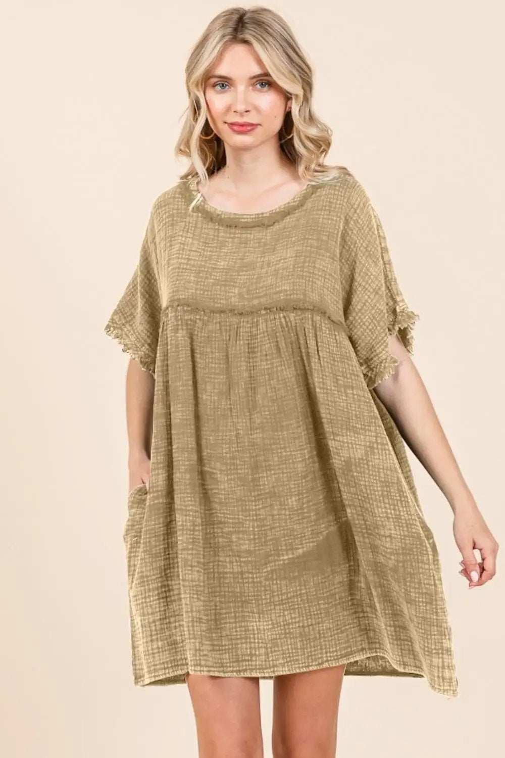Culture Code Full Size Short Sleeve Babydoll Texture Dress with Pockets - Trendsi - Flyclothing LLC
