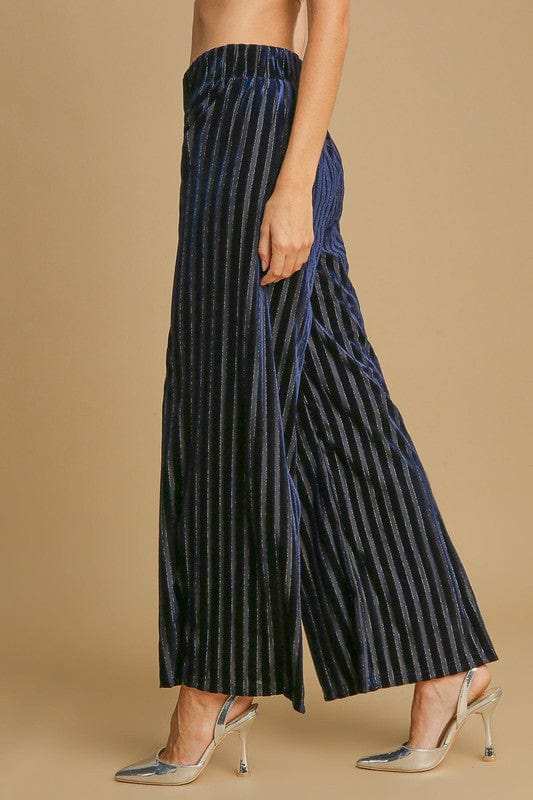 Umgee Full Size Elastic Waist Striped Wide Leg Velvet Pants - Trendsi - Flyclothing LLC