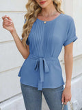 Tied Pleated Round Neck Short Sleeve Top - Trendsi - Flyclothing LLC