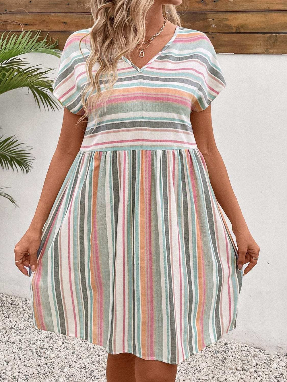 Striped V-Neck Short Sleeve Dress - Trendsi - Flyclothing LLC