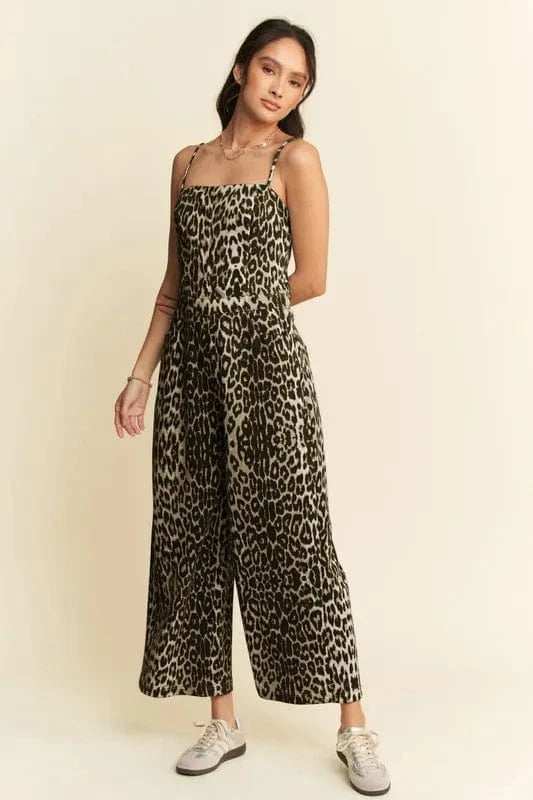Davi & Dani Leopard Spaghetti Straps Wide Leg Jumpsuit - Trendsi - Flyclothing LLC