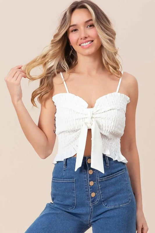 BiBi Ruffled Smocked Ribbon Detail Cami - Trendsi - Flyclothing LLC