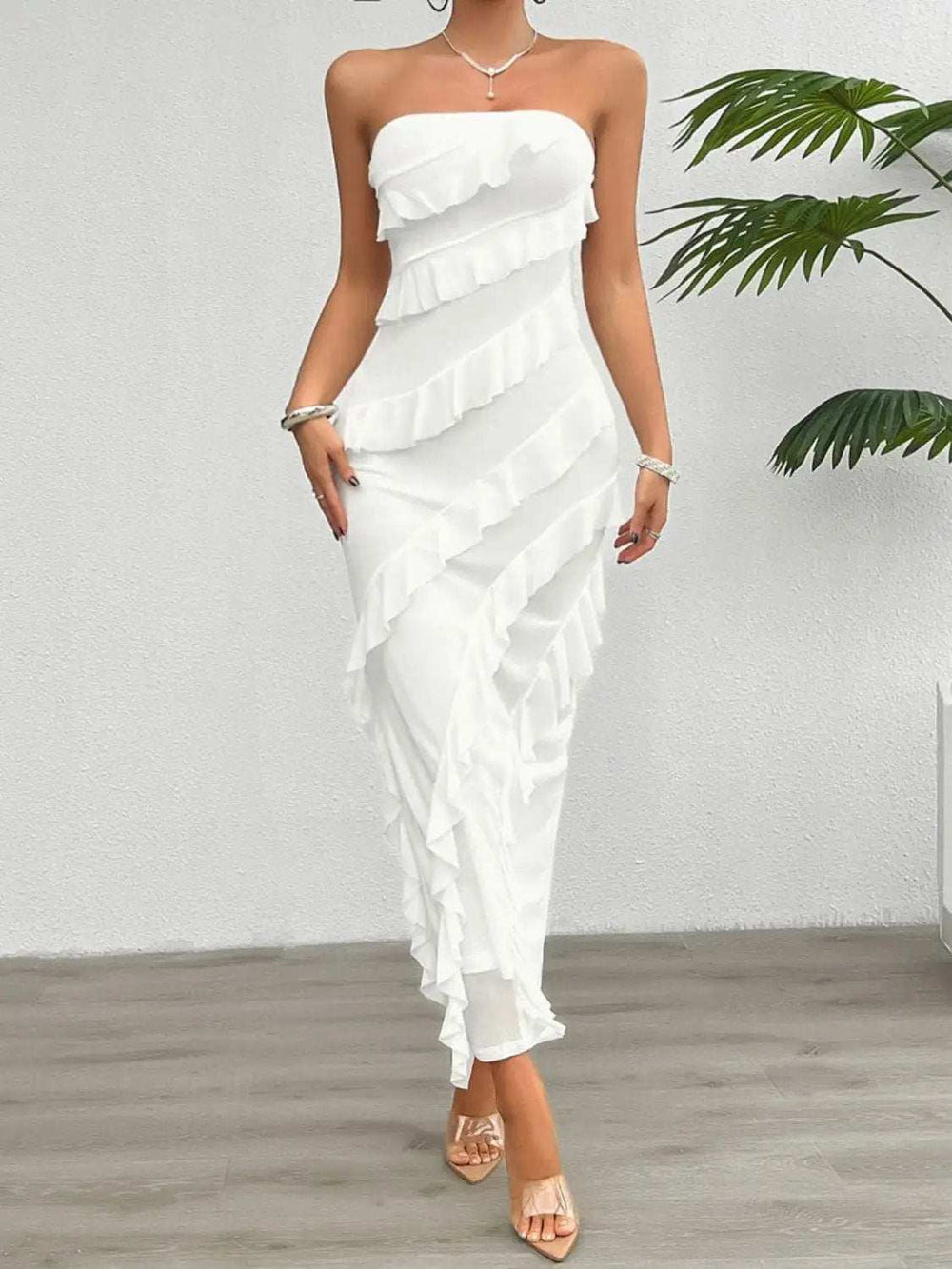 Devine Ruffled Slit Back Tube Maxi Dress - Trendsi - Flyclothing LLC