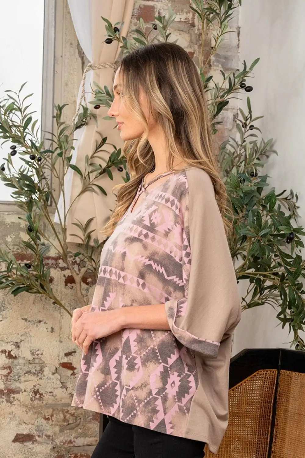 Sew In Love Full Size Aztec Distress Print Half Sleeve Crisscross Top - Trendsi - Flyclothing LLC