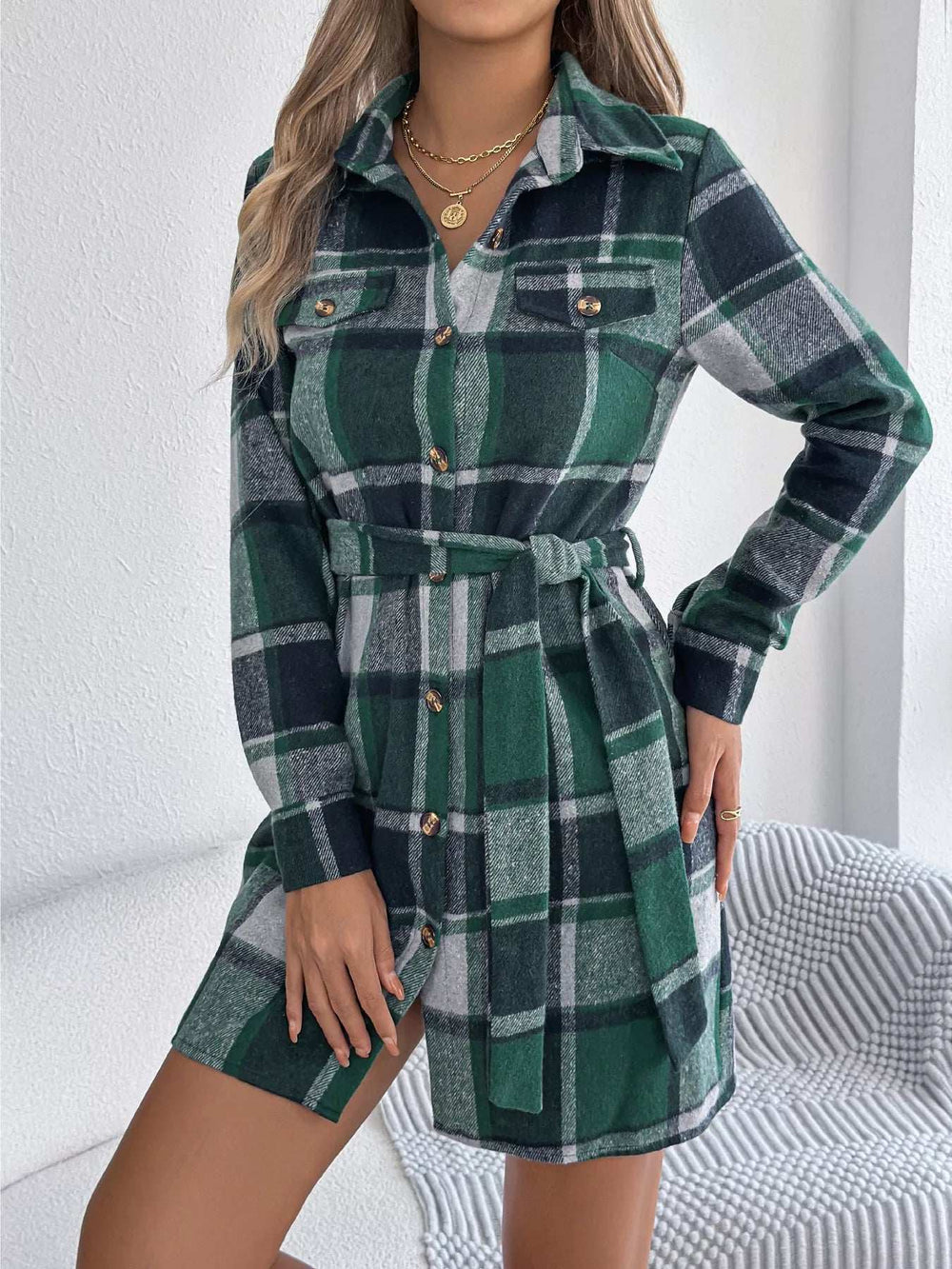 Plaid Button Front Tie Waist Shirt Dress - Trendsi - Flyclothing LLC