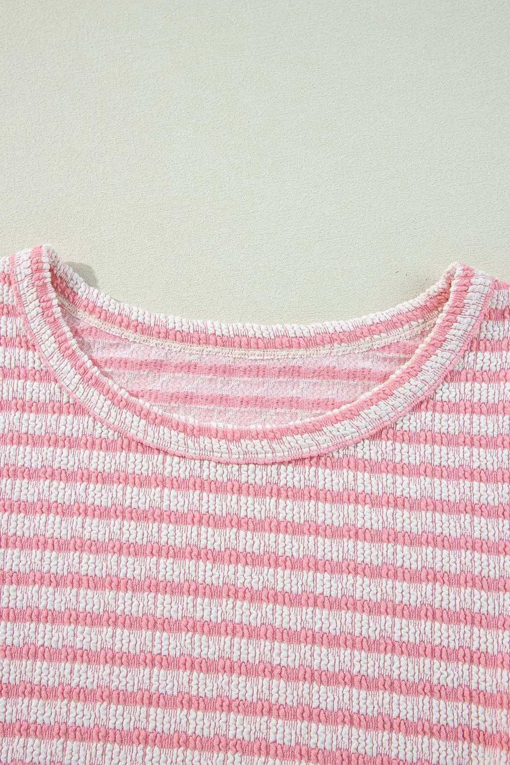 Stripe Textured Puff Sleeve Crewneck Top - Trendsi - Flyclothing LLC