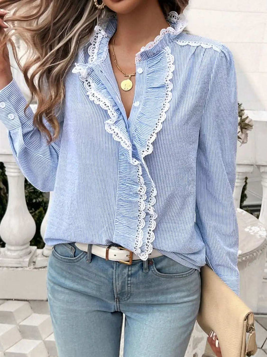 Lace Detail Ruffled Round Neck Long Sleeve Shirt - Trendsi - Flyclothing LLC