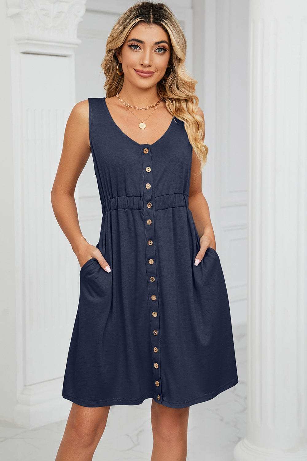 Buttoned Wide Strap Mini Dress - Trendsi - Flyclothing LLC
