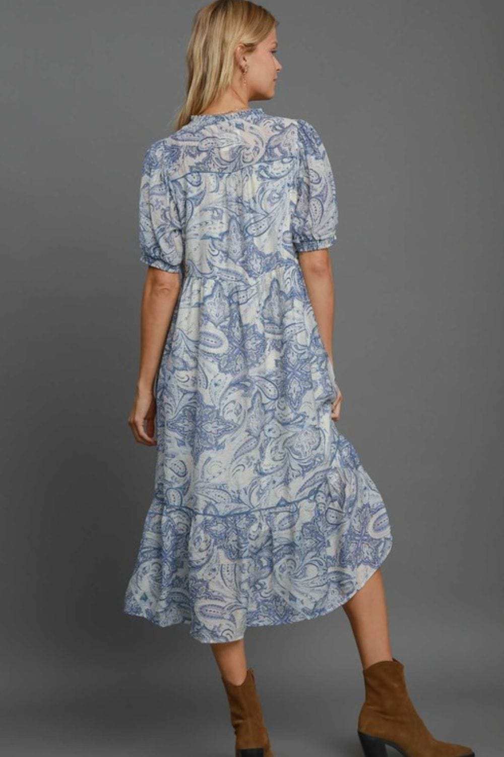 Umgee Full Size Printed Puff Short Sleeve Midi Dress Plus Size - Trendsi - Flyclothing LLC