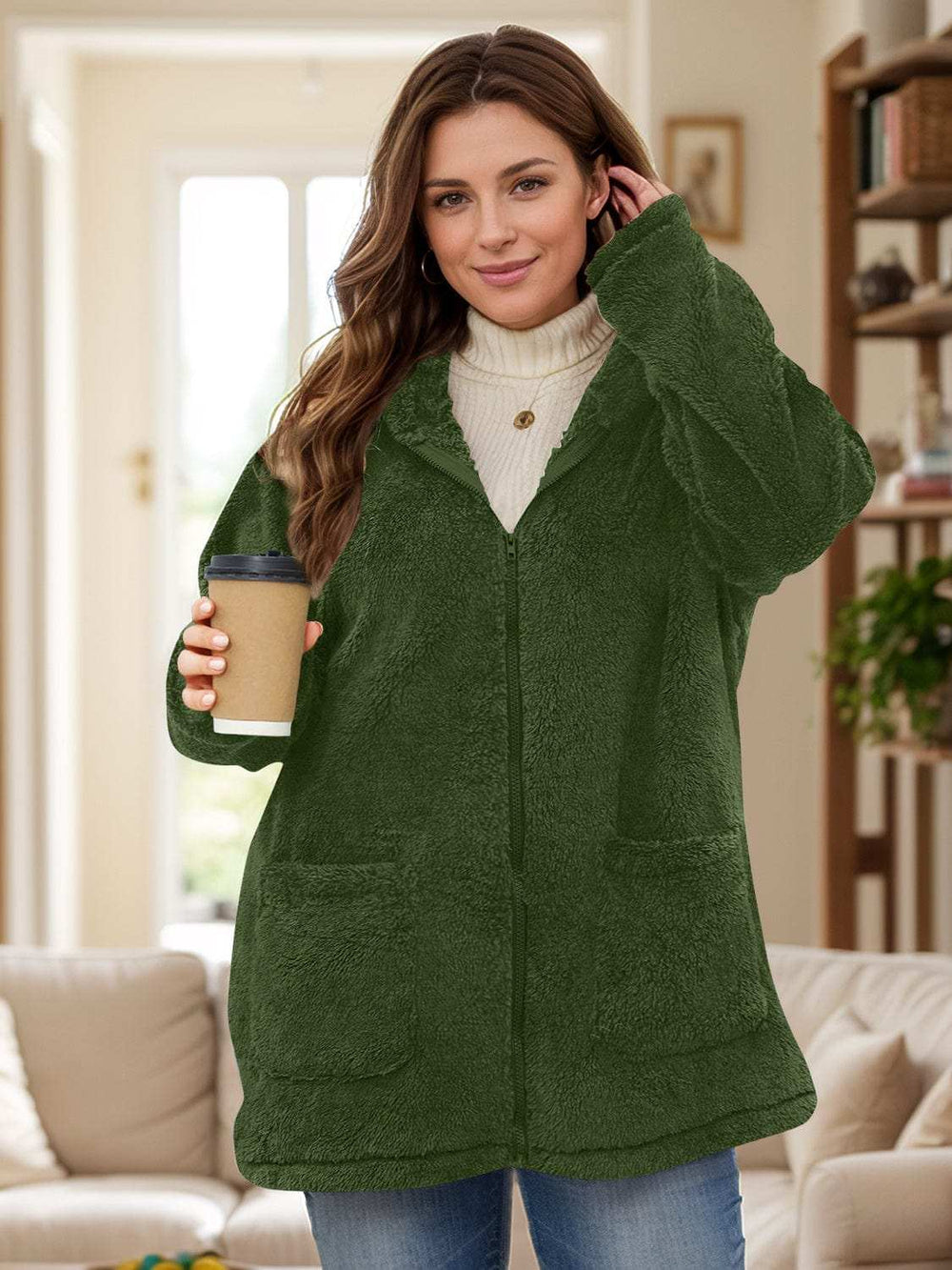 Plus Size Zip Up Long Sleeve Hooded Outerwear - Trendsi - Flyclothing LLC