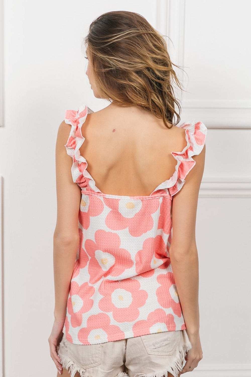 BiBi Floral Waffle Ruffled Tank - Trendsi - Flyclothing LLC