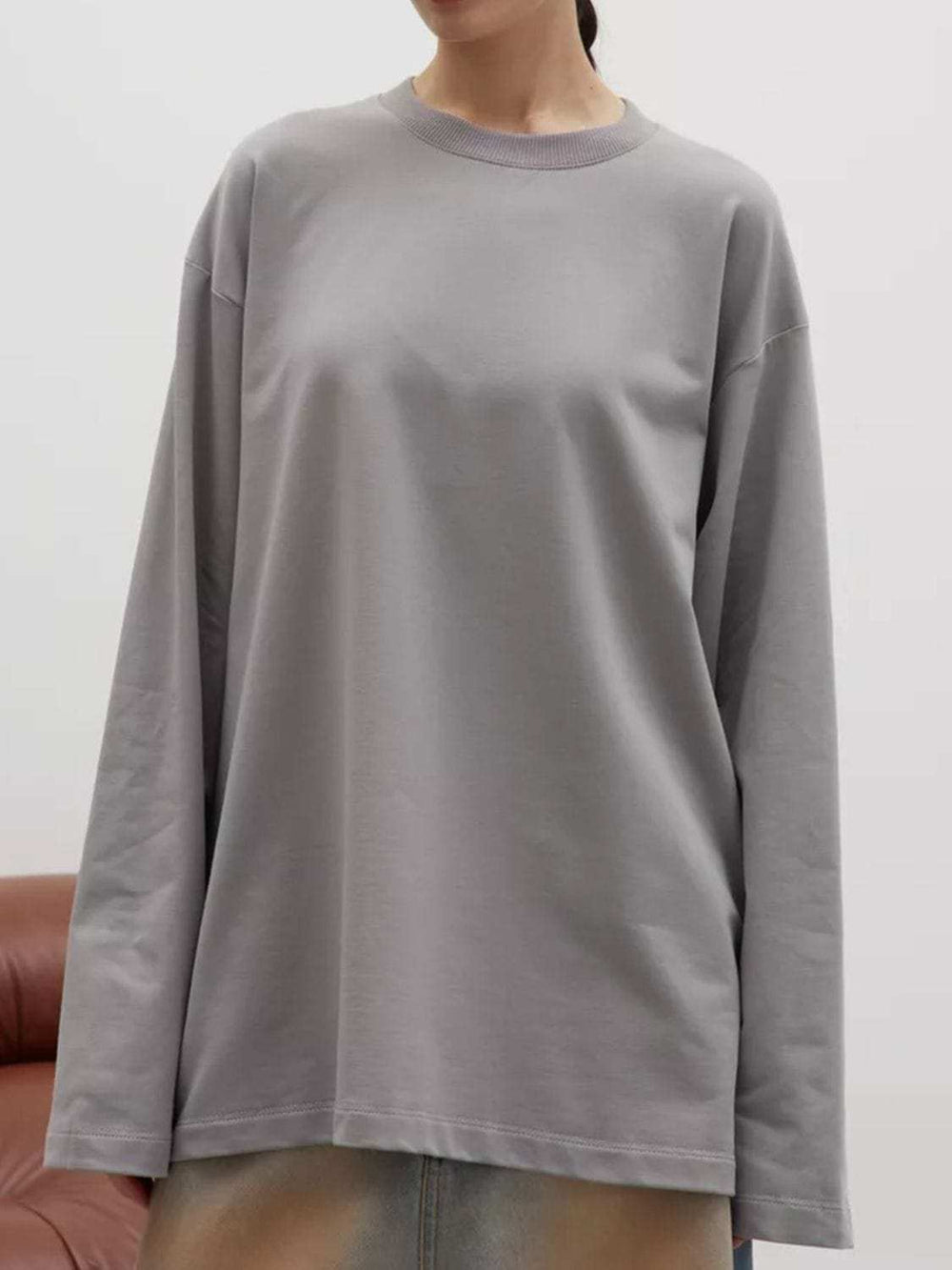 Round Neck Dropped Shoulder Long Sleeve T-Shirt - Trendsi - Flyclothing LLC