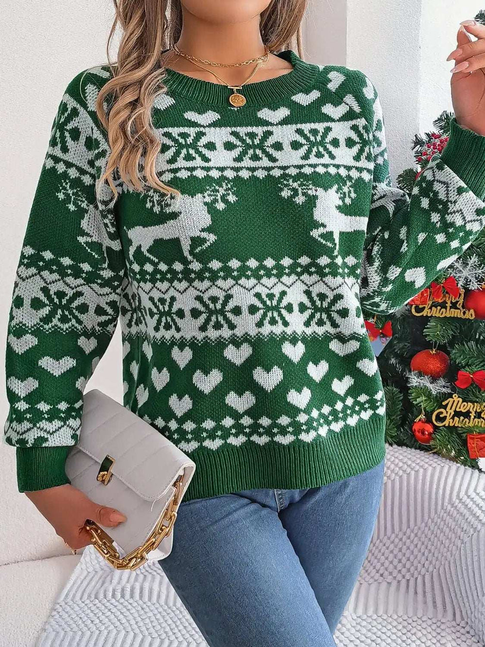 Christmas Element Round Neck Long Sleeve Sweater - Trendsi - Flyclothing LLC
