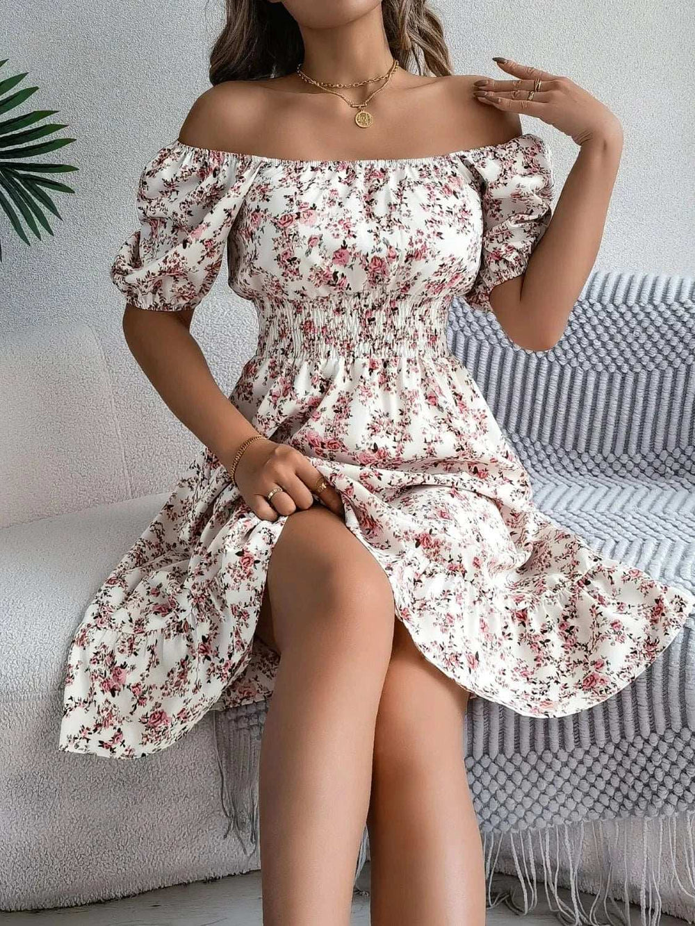 Ruffled Hem Floral Puff Sleeve Dress - Trendsi - Flyclothing LLC