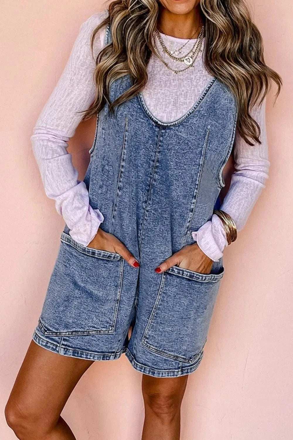 U Neck Patched Pocket Denim Overalls - Trendsi - Flyclothing LLC