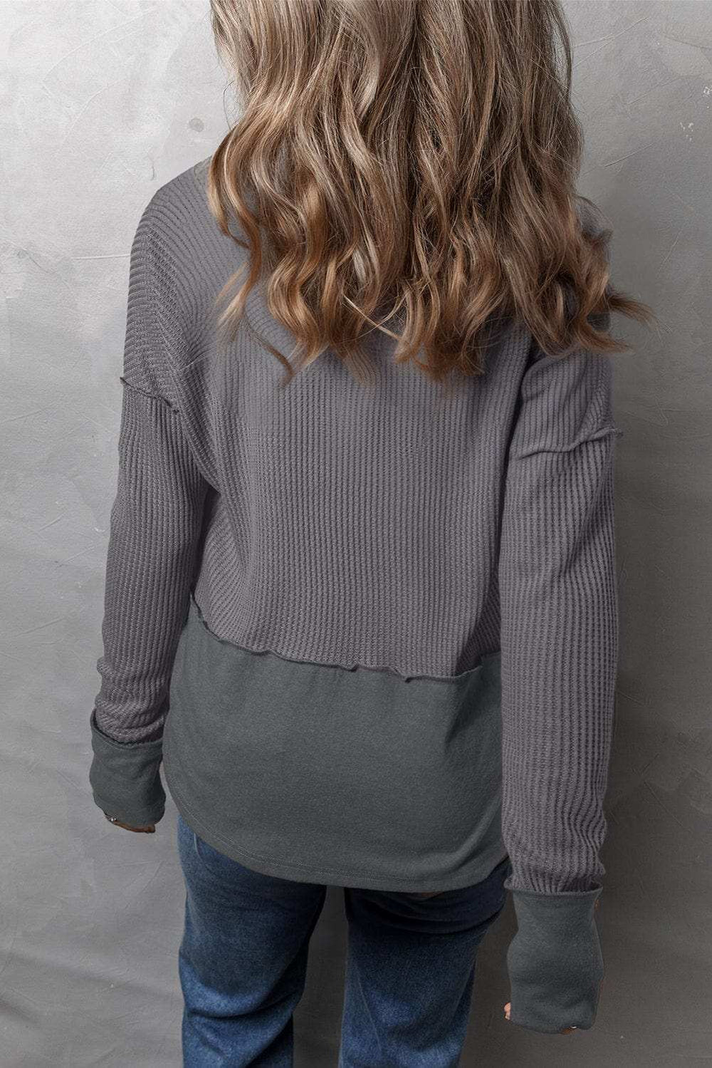 Waffle-Knit Exposed Seam Notched Long Sleeve Top - Trendsi - Flyclothing LLC