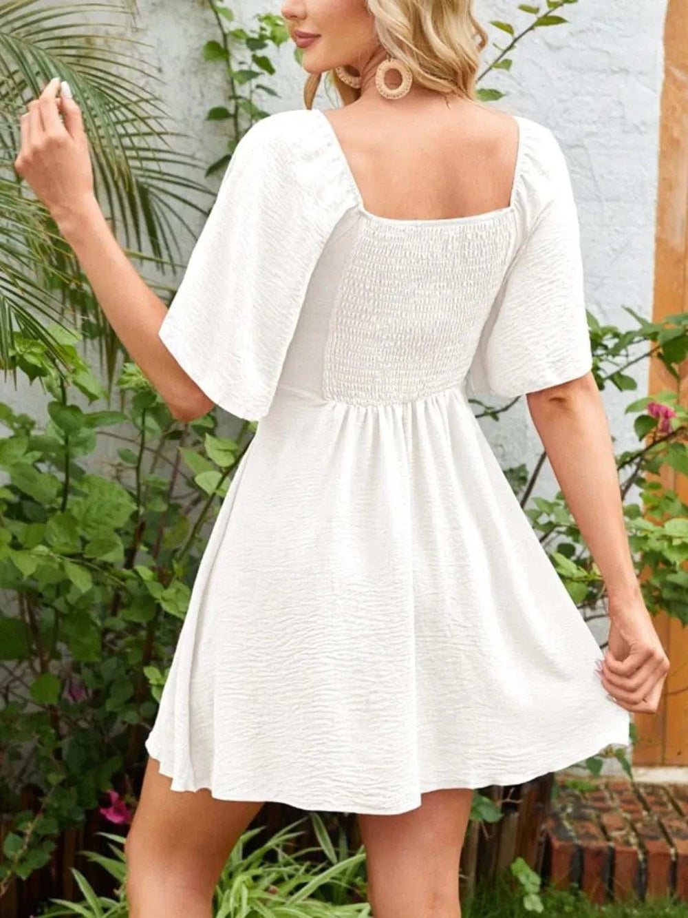 Smocked Back Knotted Flutter Sleeve Dress - Trendsi - Flyclothing LLC