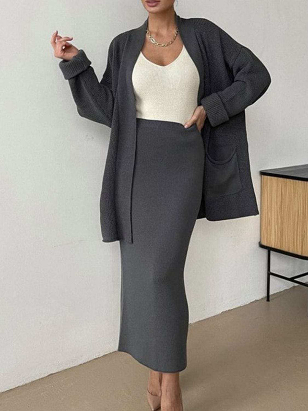 Pocketed Long Sleeve Cardigan and Skirt Sweater Set - Trendsi - Flyclothing LLC