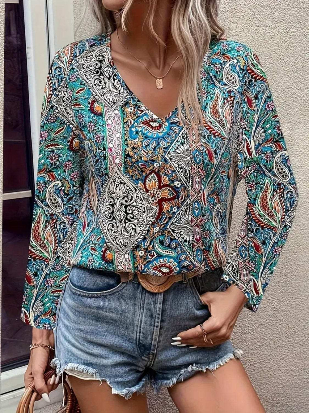 Printed V-Neck Long Sleeve Blouse - Trendsi - Flyclothing LLC