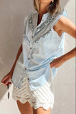 Frill Button Down Ruffled Cap Sleeve Denim Top - Trendsi - Flyclothing LLC