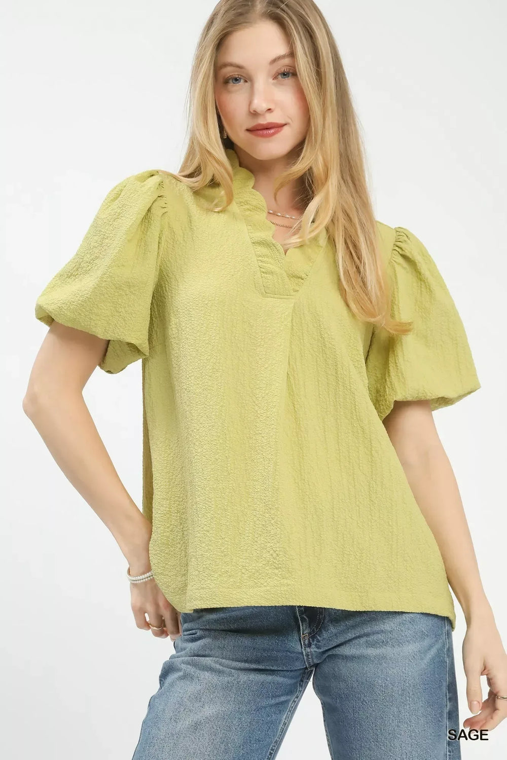 Umgee Seersucker Puff Sleeve Blouse - Trendsi - Flyclothing LLC