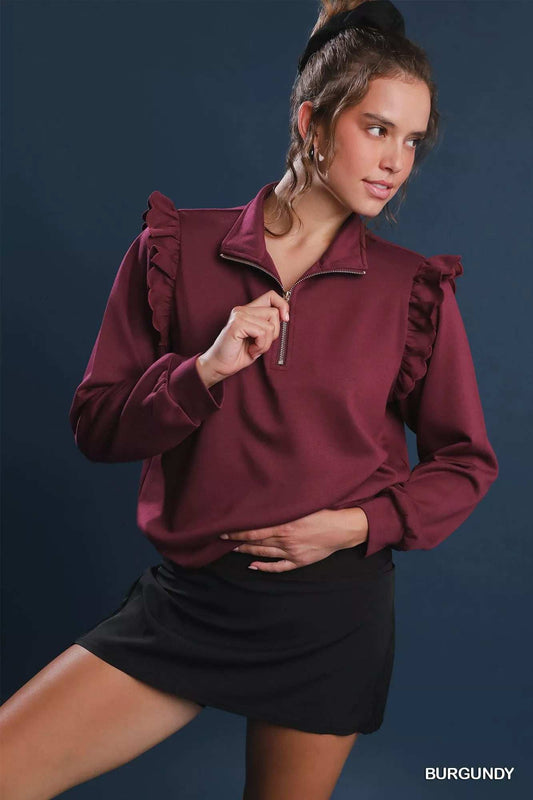 Umgee Luxeknit Ruffle Shoulder Quarter-Zip Sweatshirt - Trendsi - Flyclothing LLC