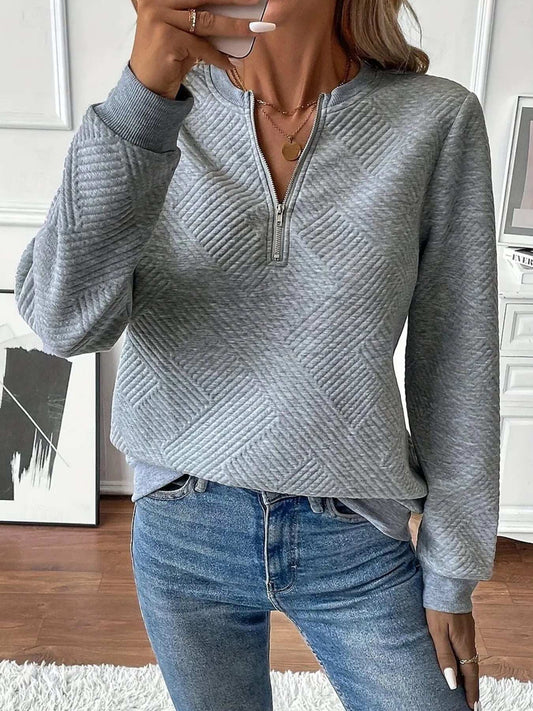 Quarter Zip Textured Long Sleeve Sweatshirt - Trendsi - Flyclothing LLC
