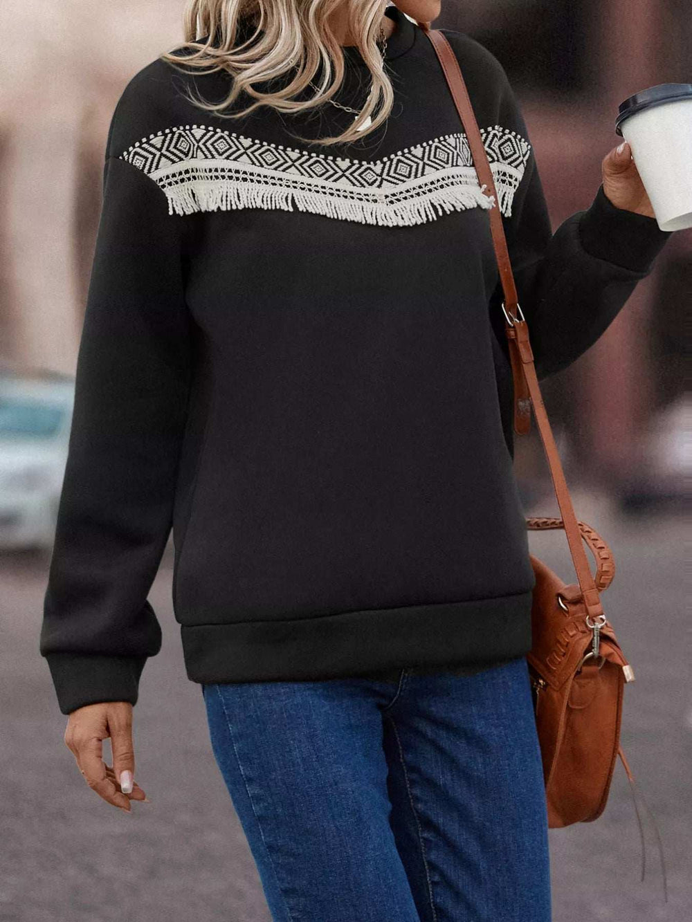 Fringe Trim Crew Neck Sweatshirt - Trendsi - Flyclothing LLC