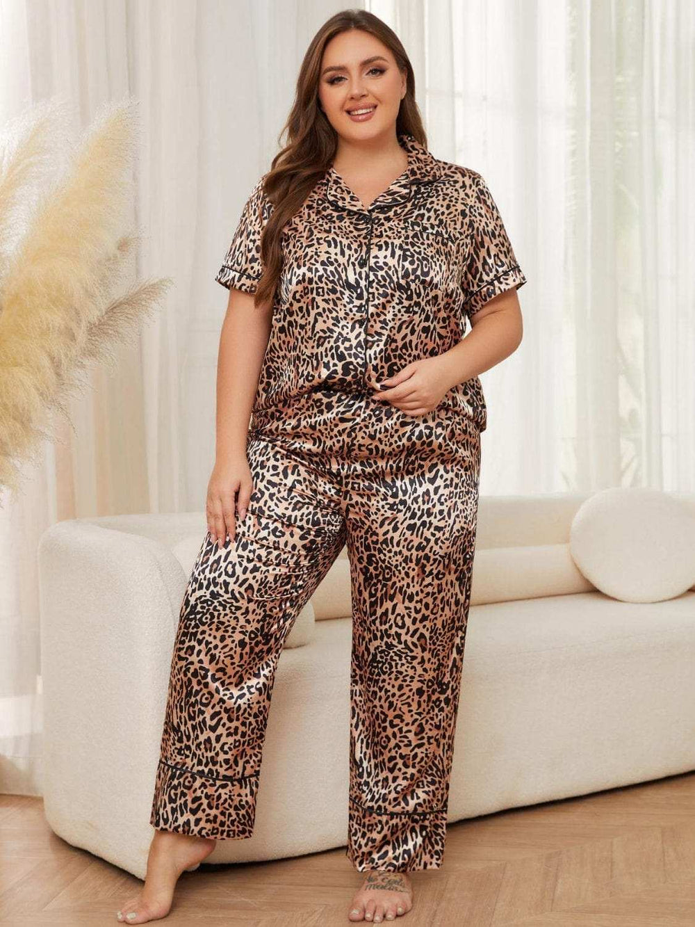 Plus Size Leopard Short Sleeve Top and Pants Lounge Set - Trendsi - Flyclothing LLC