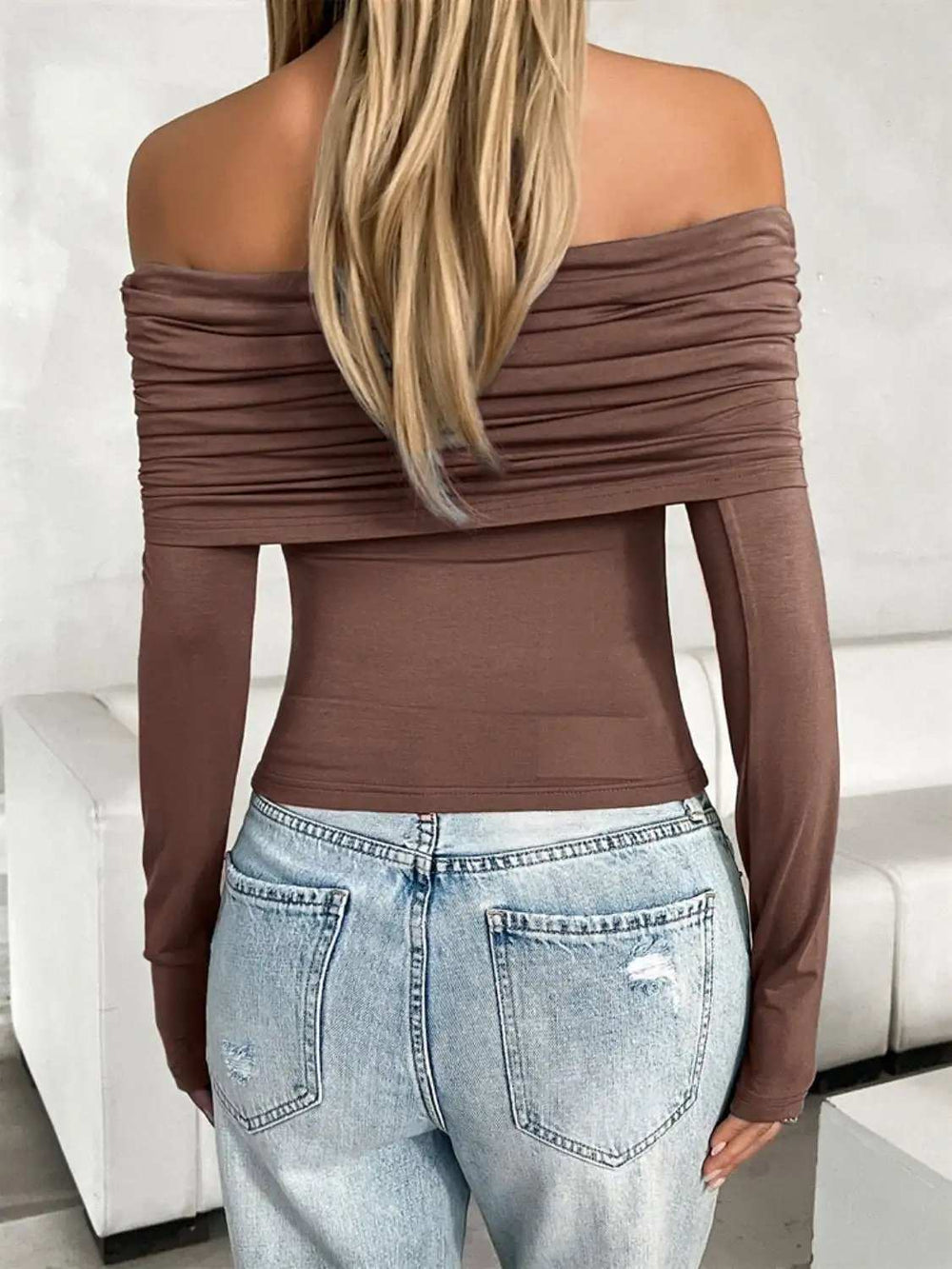 Ruched Off-Shoulder Long Sleeve T-Shirt - Trendsi - Flyclothing LLC