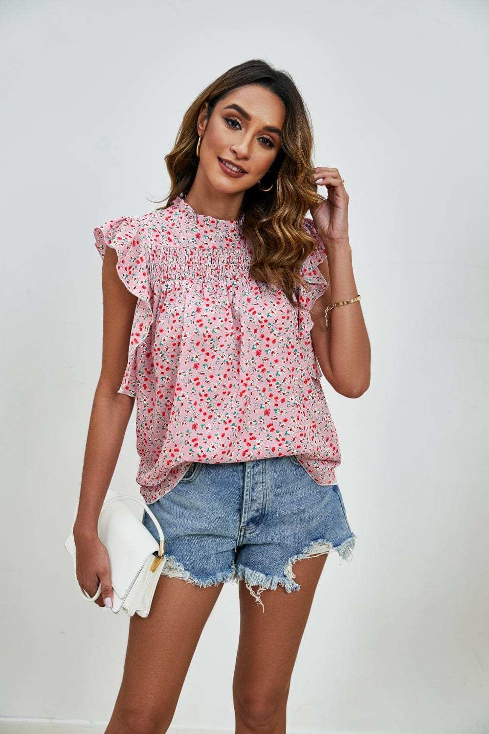 Ruffled Ditsy Floral Mock Neck Cap Sleeve Blouse - Trendsi - Flyclothing LLC