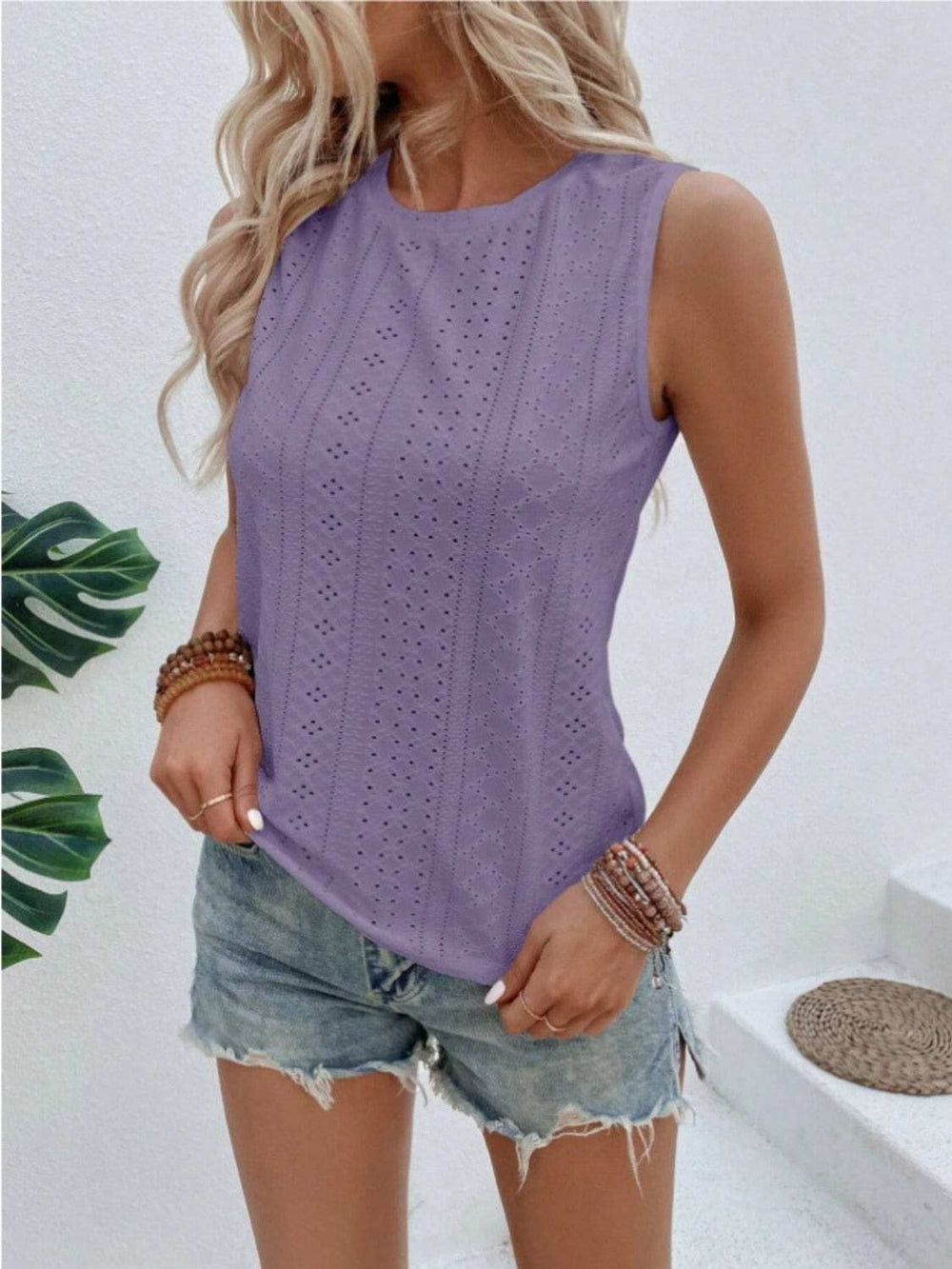 Eyelet Round Neck Tank - Trendsi - Flyclothing LLC