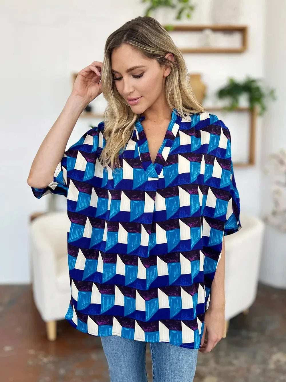 Double Take Full Size Geometric Notched Half Sleeve Blouse - Trendsi - Flyclothing LLC