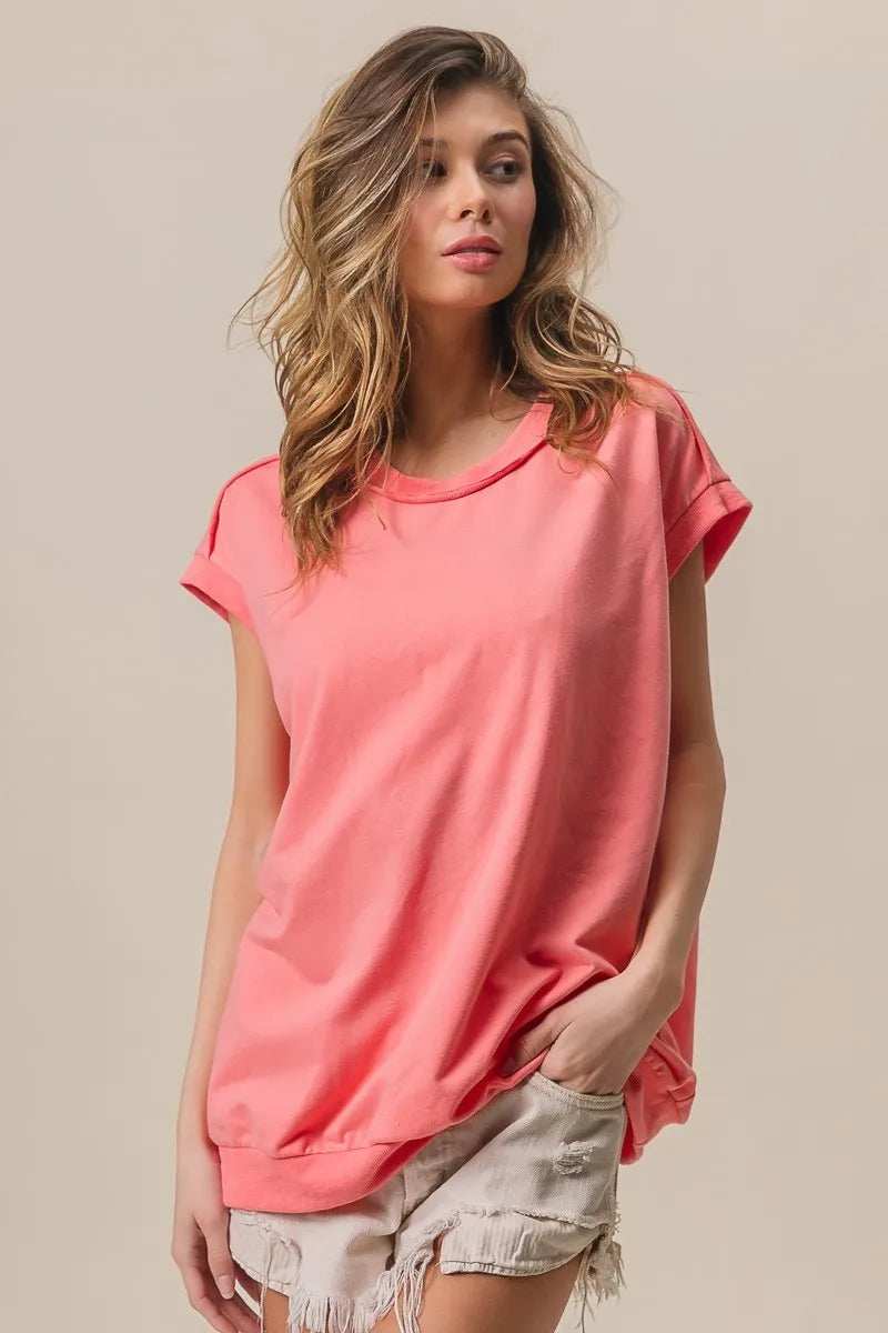 BiBi French Terry Drop Shoulder Basic Top - Trendsi - Flyclothing LLC