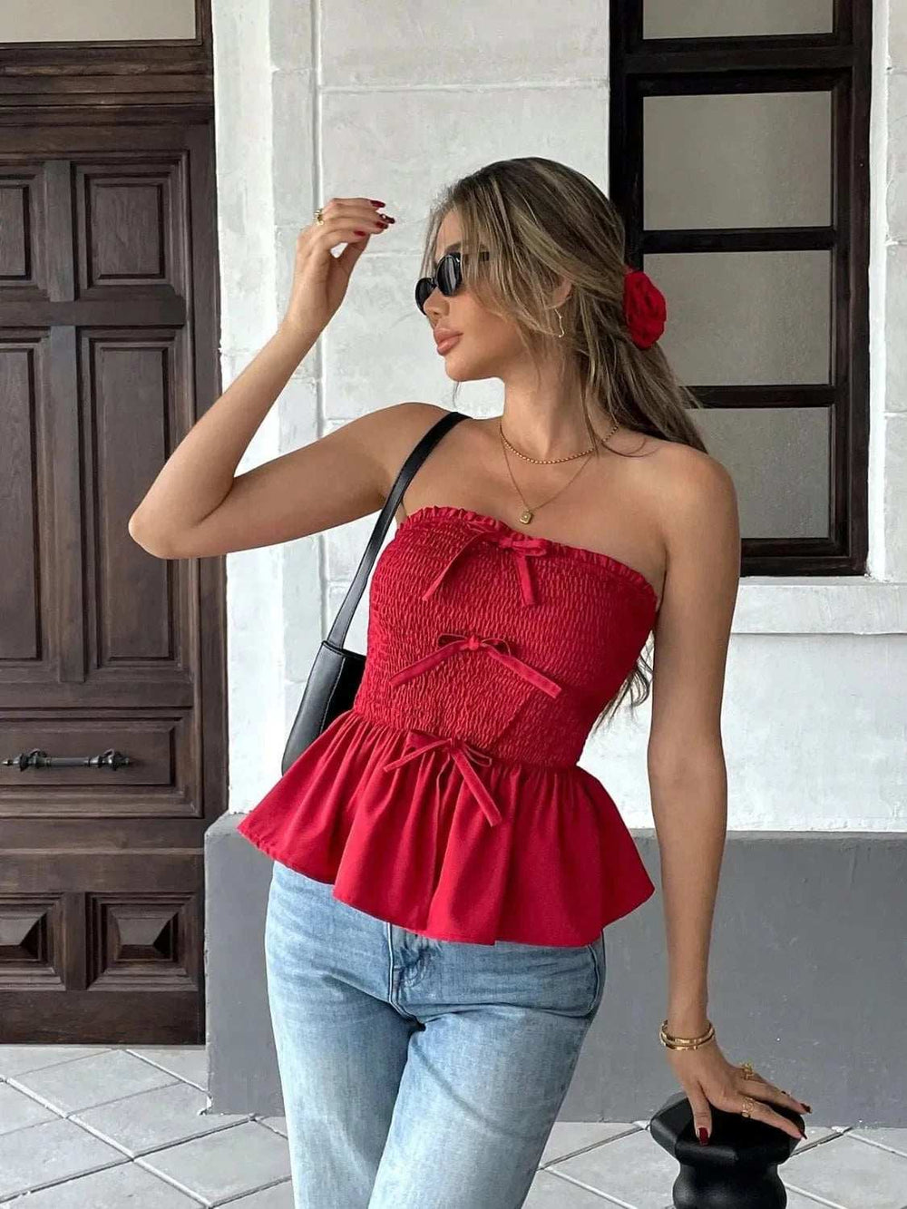 Smocked Bow Tube Top - Trendsi - Flyclothing LLC