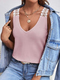 Lace Detail Waffle-Knit V-Neck Tank - Trendsi - Flyclothing LLC