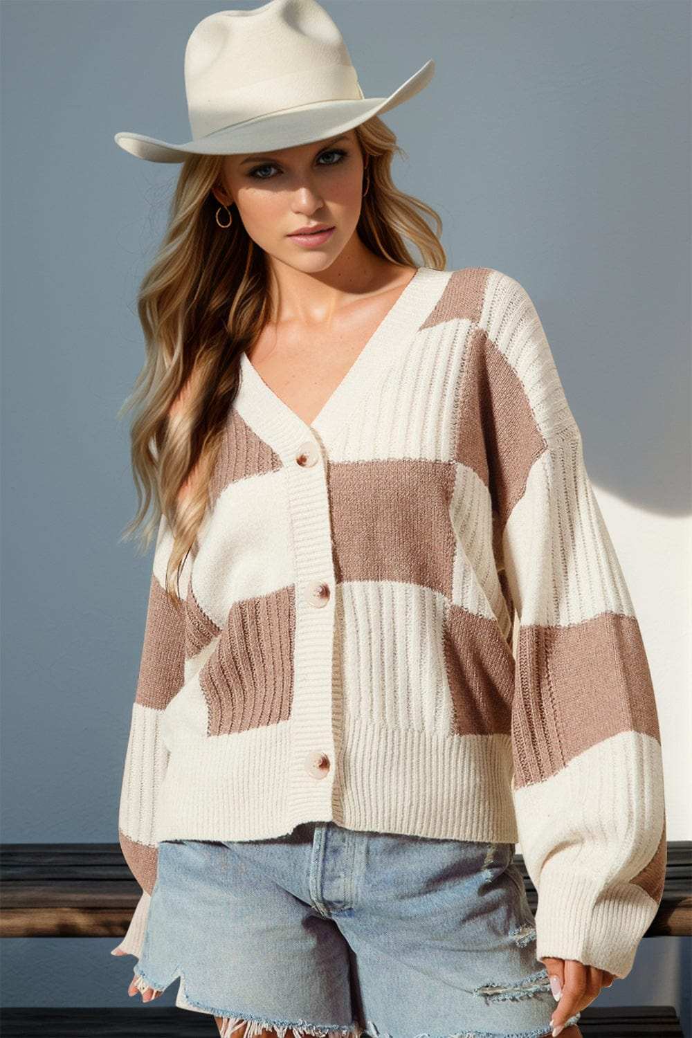 Double Take Full Size Checkered Dropped Shoulder Cardigan - Trendsi - Flyclothing LLC