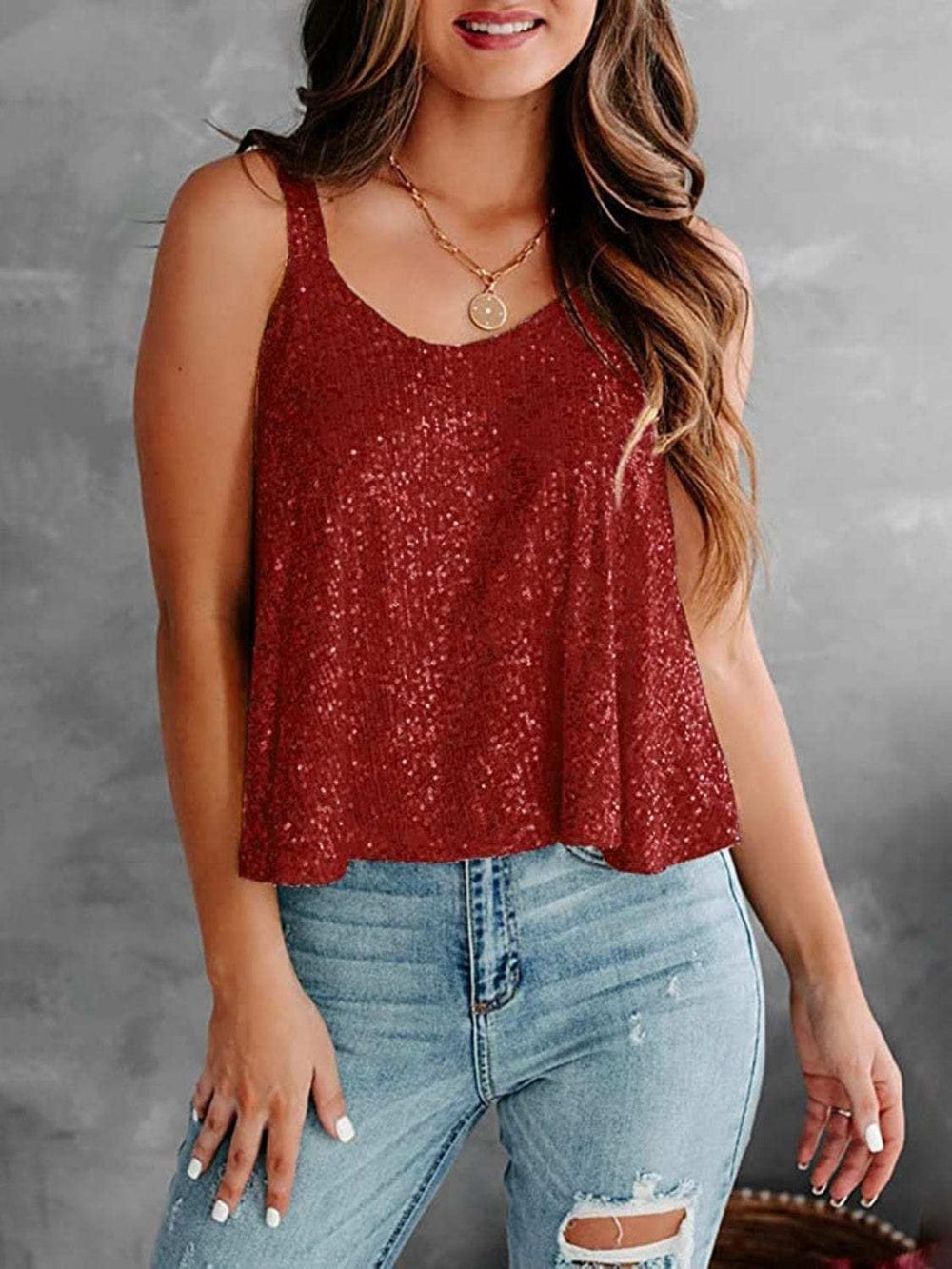 Sequin Scoop Neck Tank - Trendsi - Flyclothing LLC