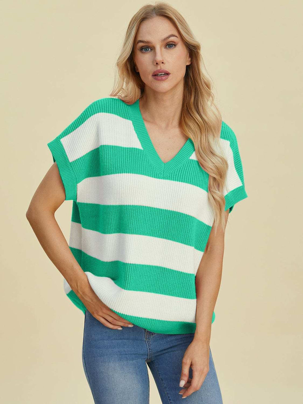Double Take Full Size Striped V-Neck Short Sleeve Sweater - Trendsi - Flyclothing LLC